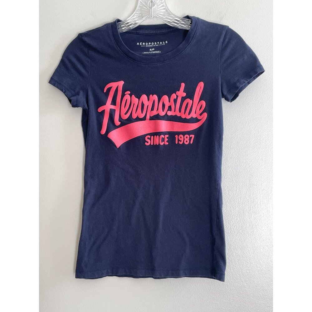 Y2K Aeropostale Baby Tee Womens S Navy with Pink Glitter Puff Print